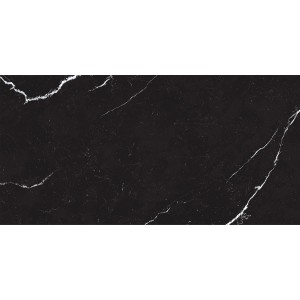 Schwarze Bodenfliese Feinsteinzeug Nero, 60x30 cm, mit Marmor-Optik und matter Oberfläche.