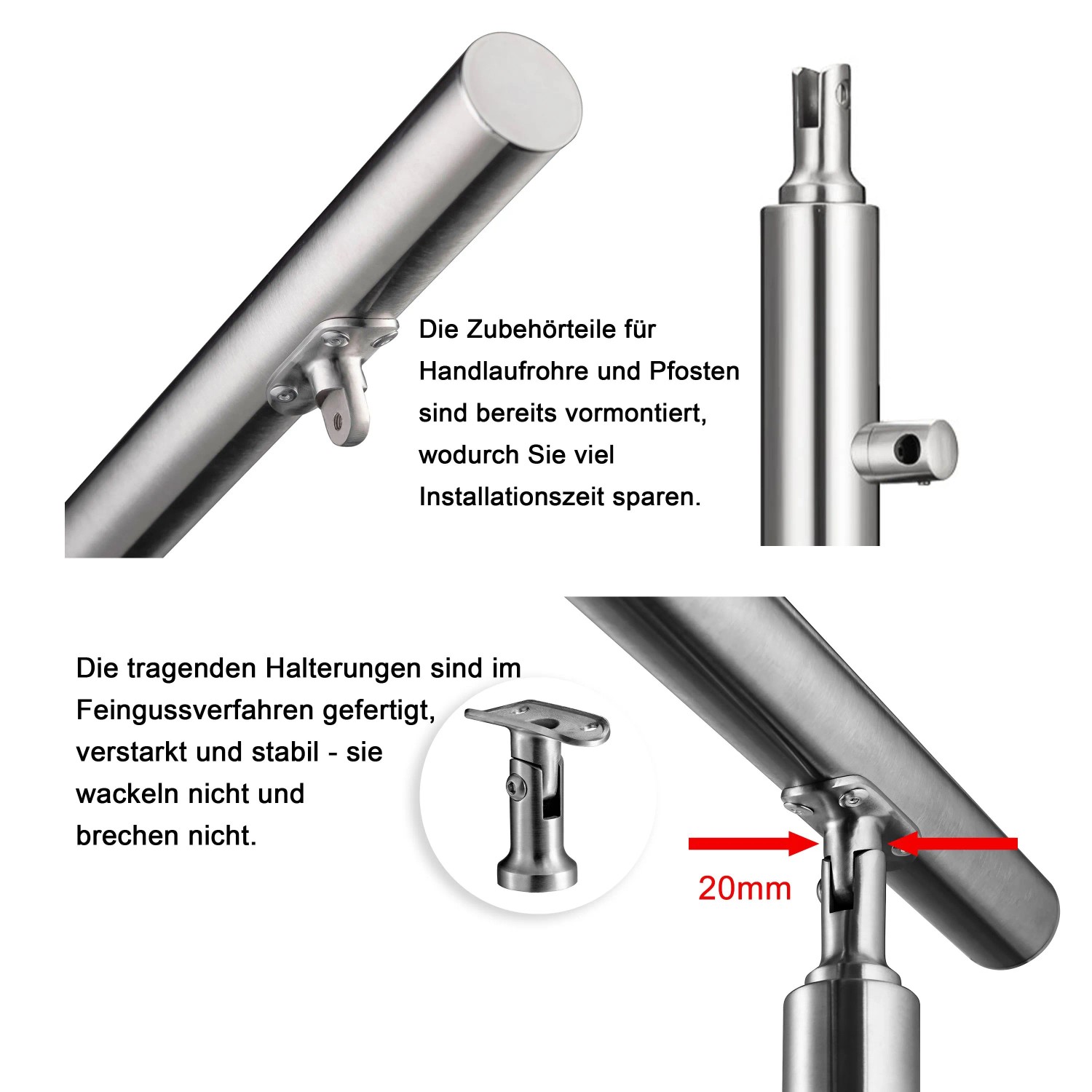 Duschparadies Geländer Edelstahl V2A 120 cm mit 3 Querstäben Komplettset_5