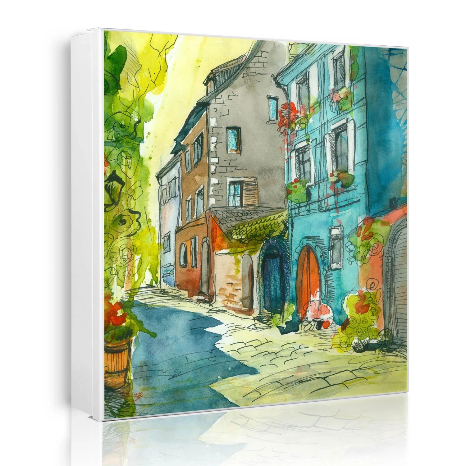 Banjado Großer Schlüsselkasten Metall 30x30cm Weiß Scharnier Rechts 50 Haken Beschreibbar Magnetisch Motiv Historischer Stadtkern
