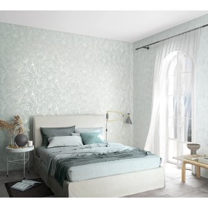 Marburg Vliestapete grau-beige mit geschwungenen Linien im Schlafzimmer.