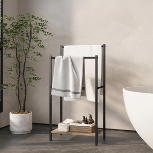 Relaxdays Handtuchständer Metall Holzoptik Schwarz mit Ablage Freistehend 81,5 cm x 42 cm x 24 cm