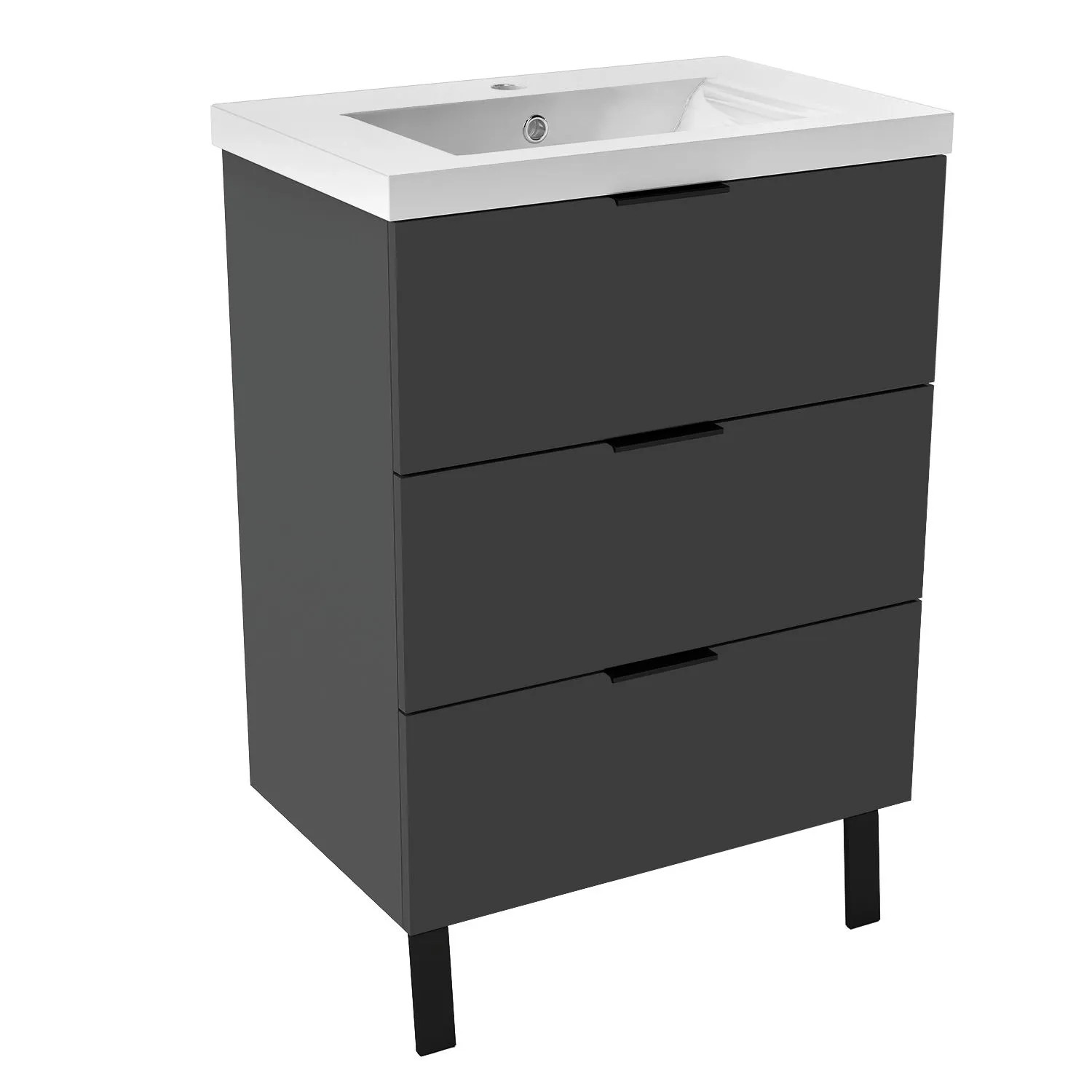 AICA Badmöbel Kantin 60 cm Keramik Waschtisch mit Unterschrank Hochglanz Anthrazit Standschrank Griffen & Füße Softclose Schubladen 2 tlg.