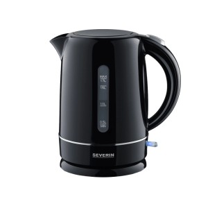 Schwarzer Severin Wasserkocher WK 4322 mit 1,7 L Füllstandsanzeige und blau beleuchtetem Schalter.