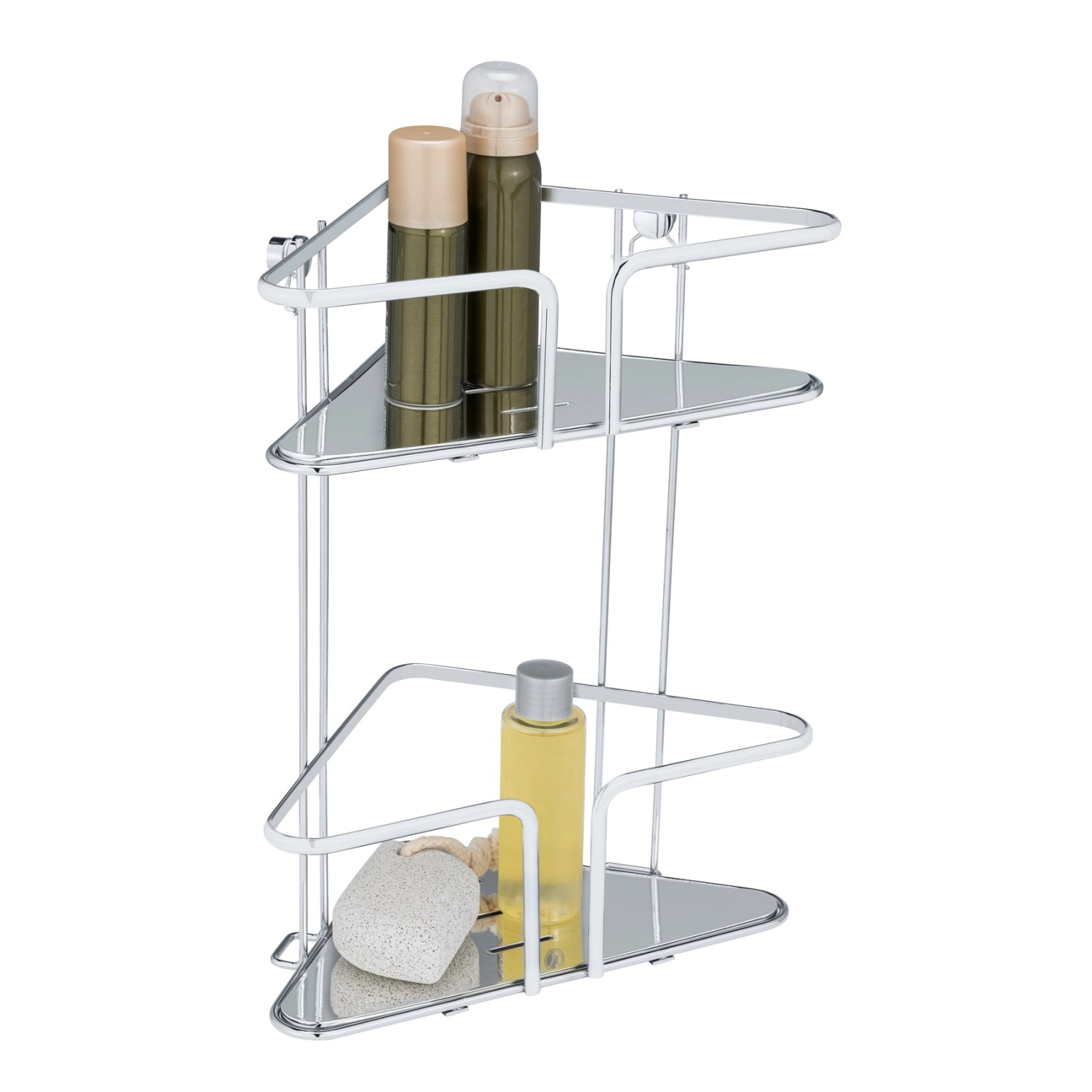 WENKO Eckregal Termoli, Edelstahl, 2 Etagen, mit Badartikeln. Praktische Badablage für die Dusche.