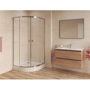 Viertelkreis Duschkabine 90x90 cm mit transparentem Sicherheitsglas, Chromrahmen und Schiebetüren im Bad.