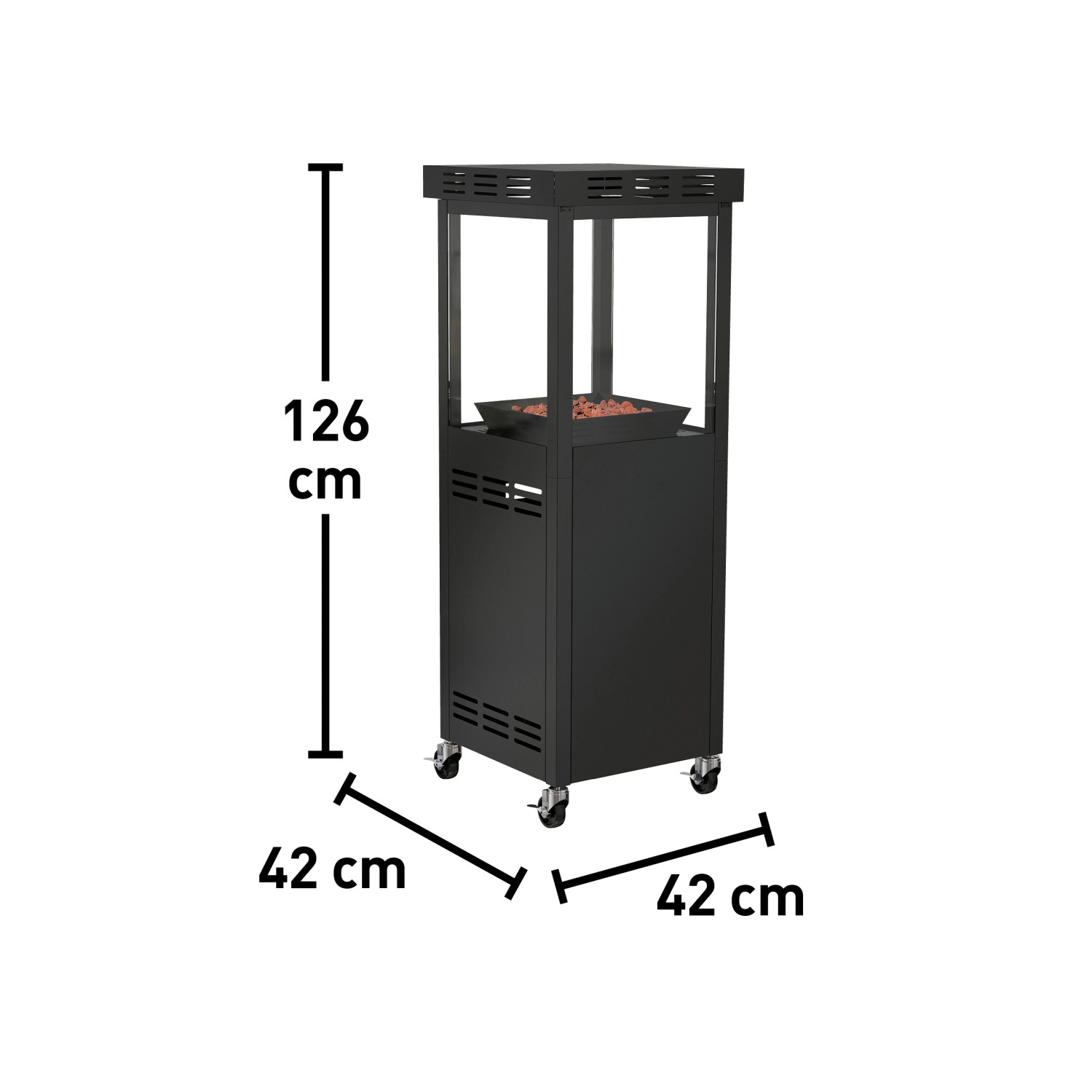 Gaskamin Ridera 6,5 kW mit Panoramaglas und Lava-Deko-Steinen, Maße: 42x42x126 cm