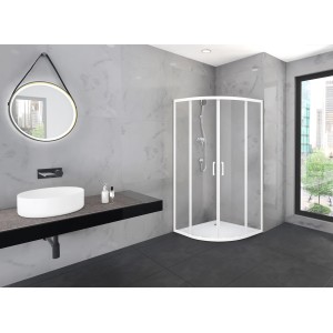 Weiße Aurlane Factory Runddusche, 90x90x200 cm, mit Schiebetüren im Badezimmer.