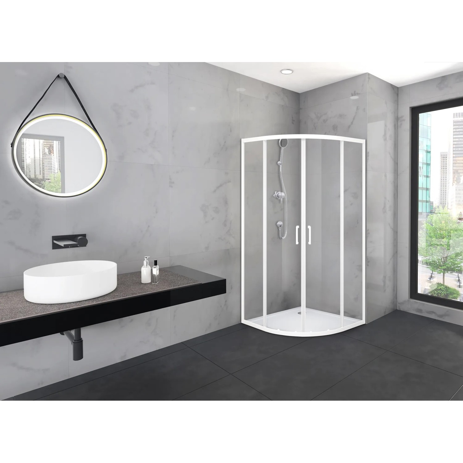 Weiße Aurlane Factory Runddusche, 90x90x200 cm, mit Schiebetüren im Badezimmer.