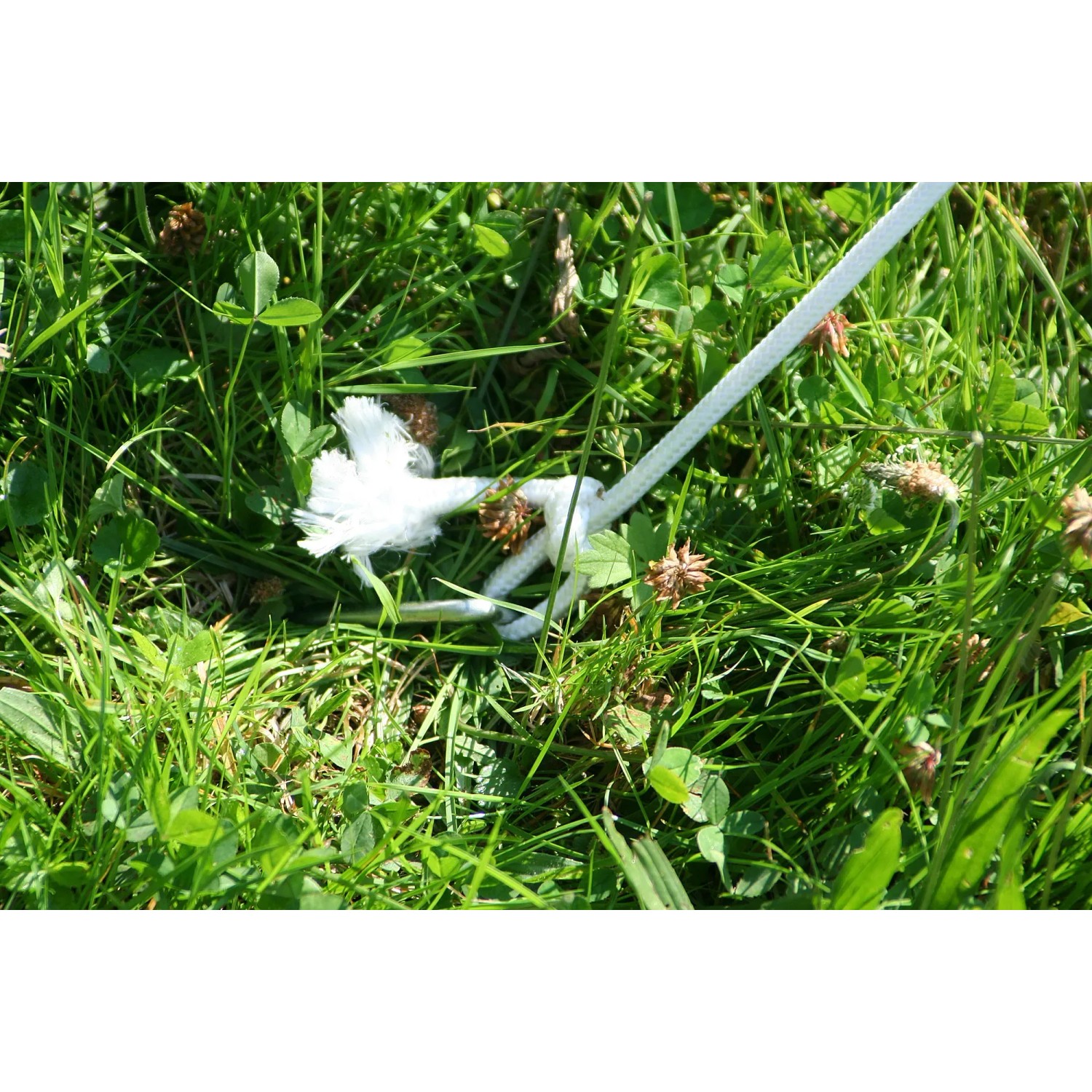 Detailaufnahme: Befestigung einer Floracord Metallstange für Sonnensegel im Gras.
