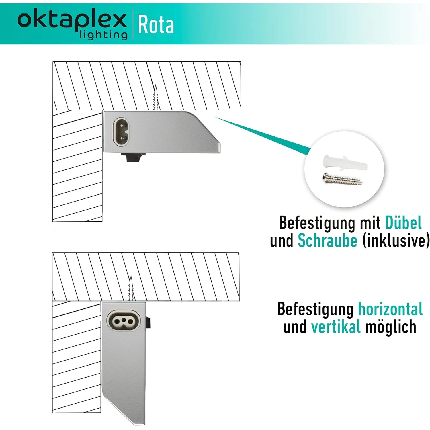 Montage der schwenkbaren Oktaplex Aluminium Unterbauleuchte, horizontal und vertikal möglich.