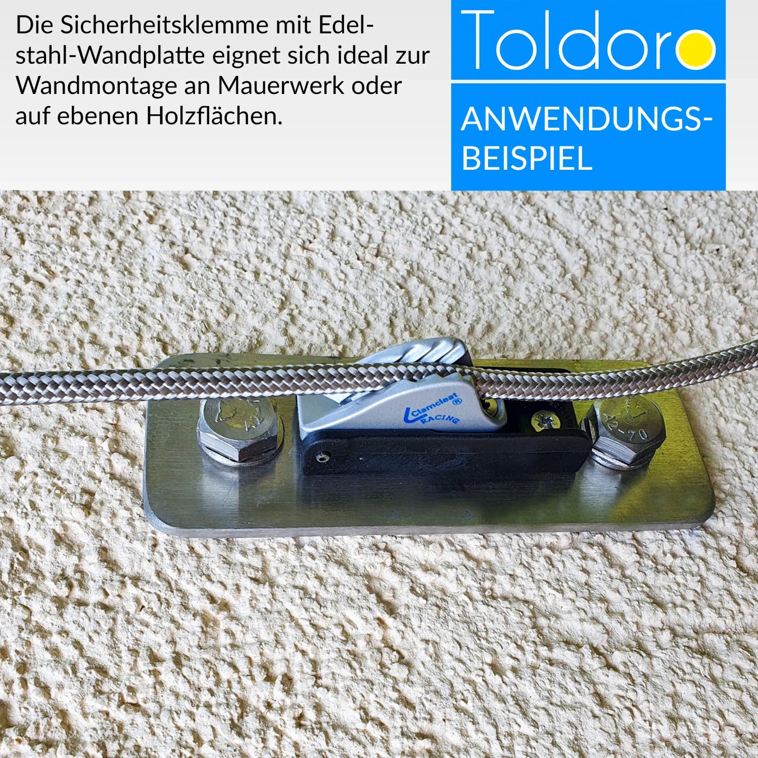 Toldoro Sicherheitsklemme mit Wandplatte und Tauwerk (4-6mm) als Boot-Zubehör.