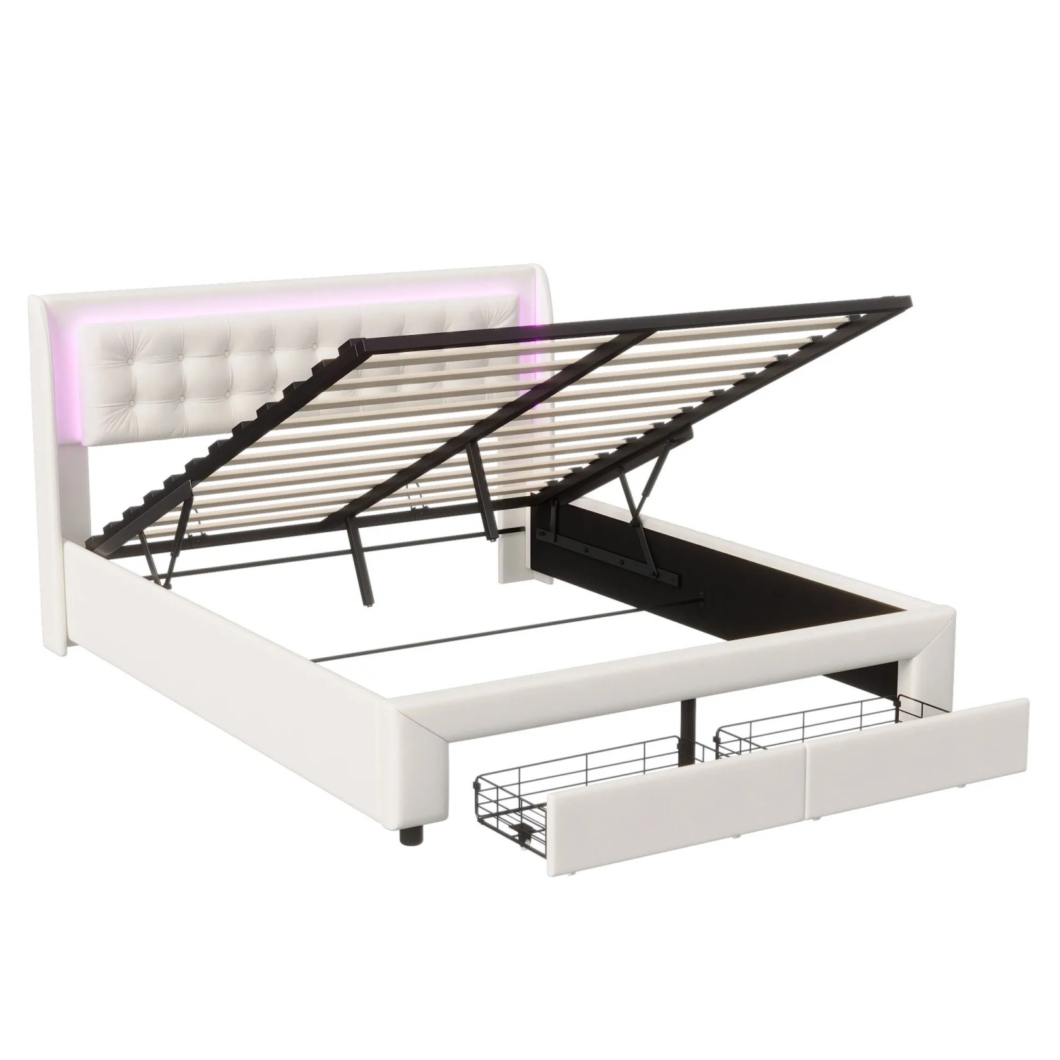 PXloue Polsterbett 180x200 mit  LED-Beleuchtung Doppelbett mit Schubladen&Hydraulischem Stauraum Beige