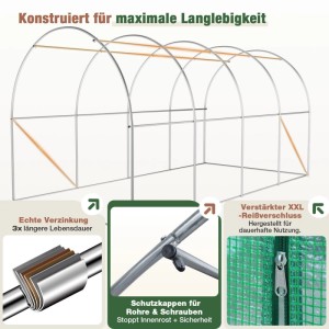 Sekey Foliengewächshaus Gewächshaus Treibhaus Winterfest für Garten 2 Türen Tomatenhaus 4x2x2m Folientunnel mit 8 Fenstern UV-Schutz Stabil