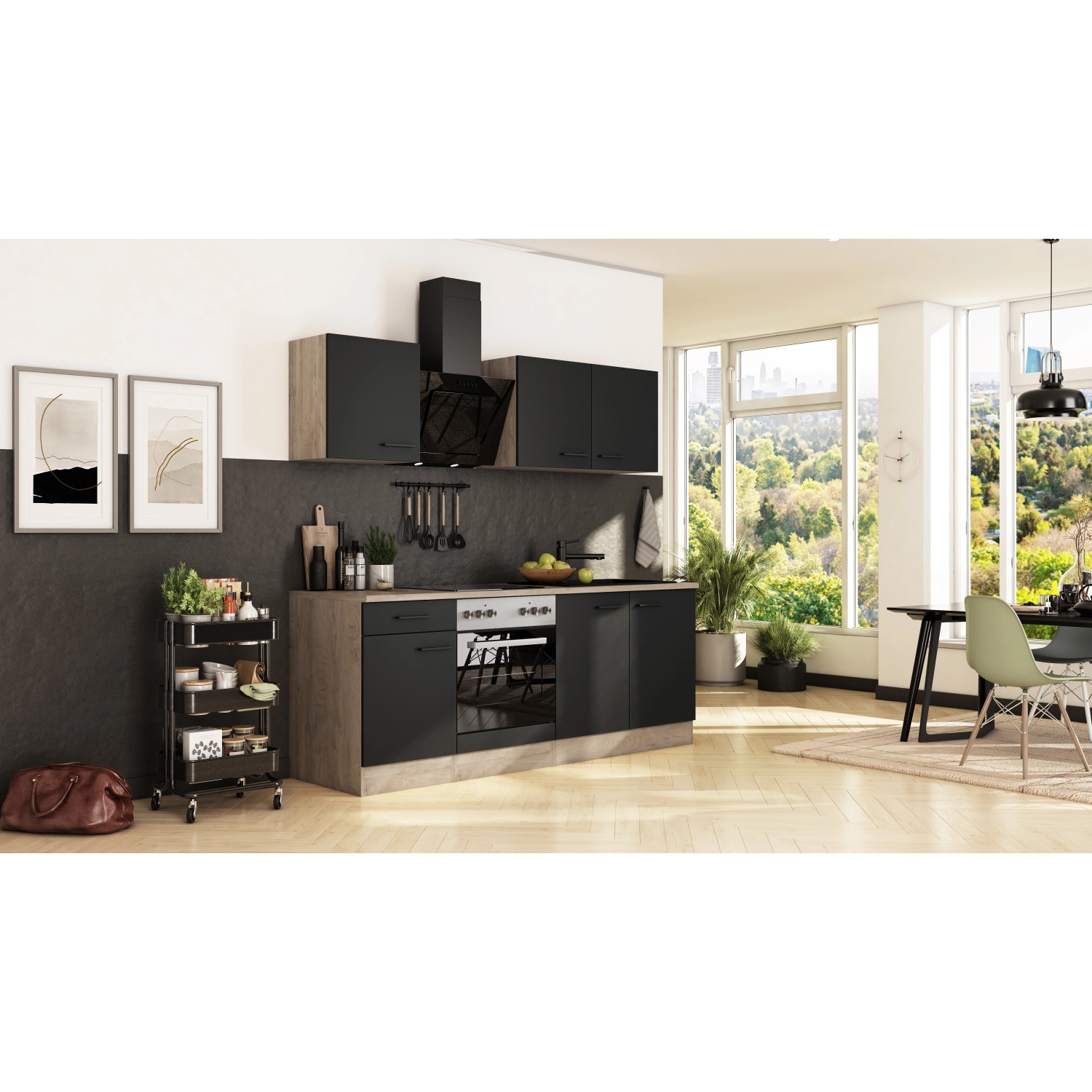 Flex-Well Exclusiv Küche 1601-005sWs Capri 210 cm Schwarz Matt-Endgrain Oak_6