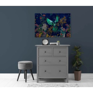 Leinwandbild Dschungel: Wandbild mit blauem Papagei in Neonfarben, 120x80 cm. Moderne Wanddekoration.