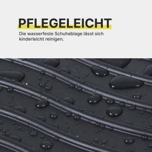 Detailaufnahme: Graue Schuhabtropfschale mit Wasserperlen, pflegeleichte Fußmatte für den Eingangsbereich.