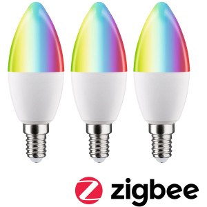 Drei Paulmann E14 LED Leuchtmittel in Kerzenform mit Farbwechsel und Zigbee Logo.