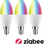 Drei Paulmann E14 LED Leuchtmittel in Kerzenform mit Farbwechsel und Zigbee Logo.
