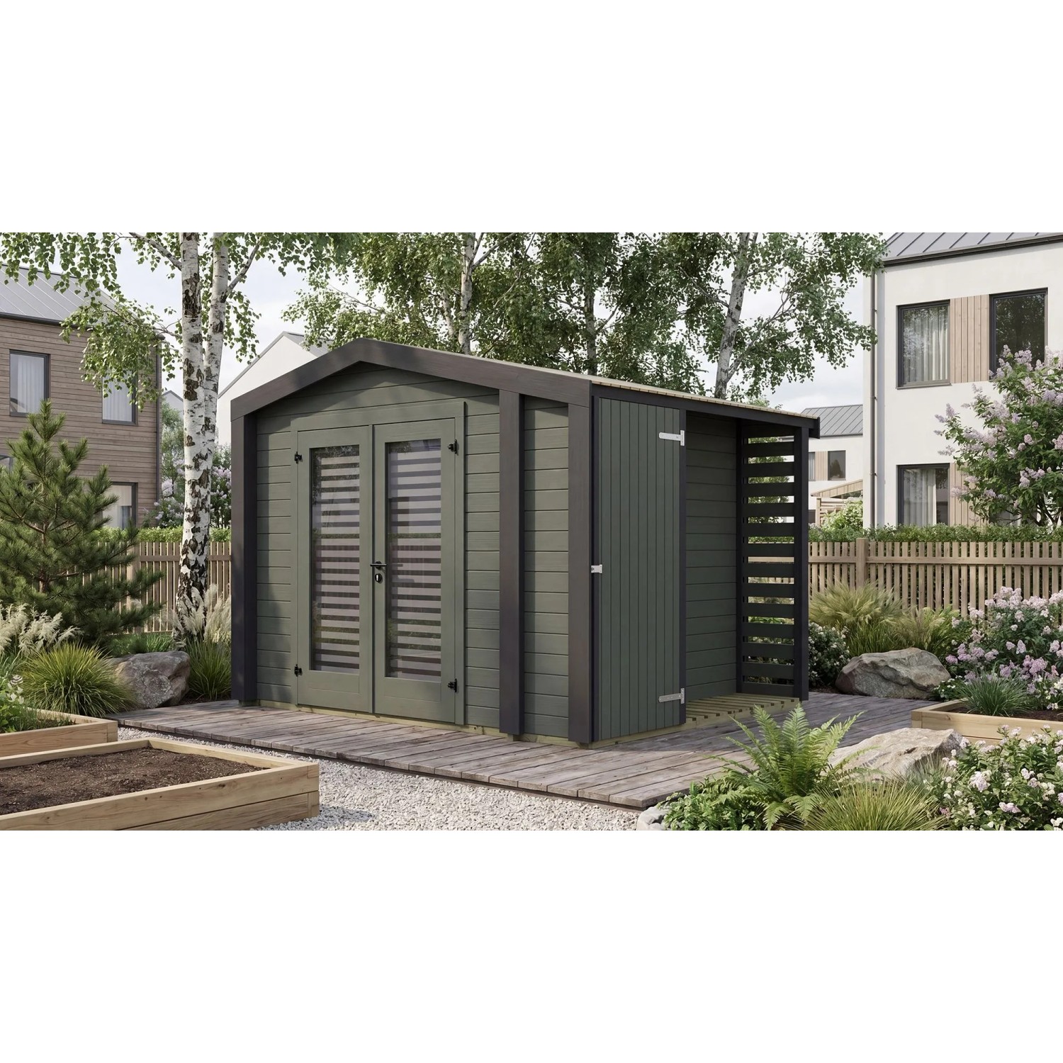 Weka Holz-Gartenhaus Killarney Satteldach Grau-Grün Lasiert 311 cm x 263 cm