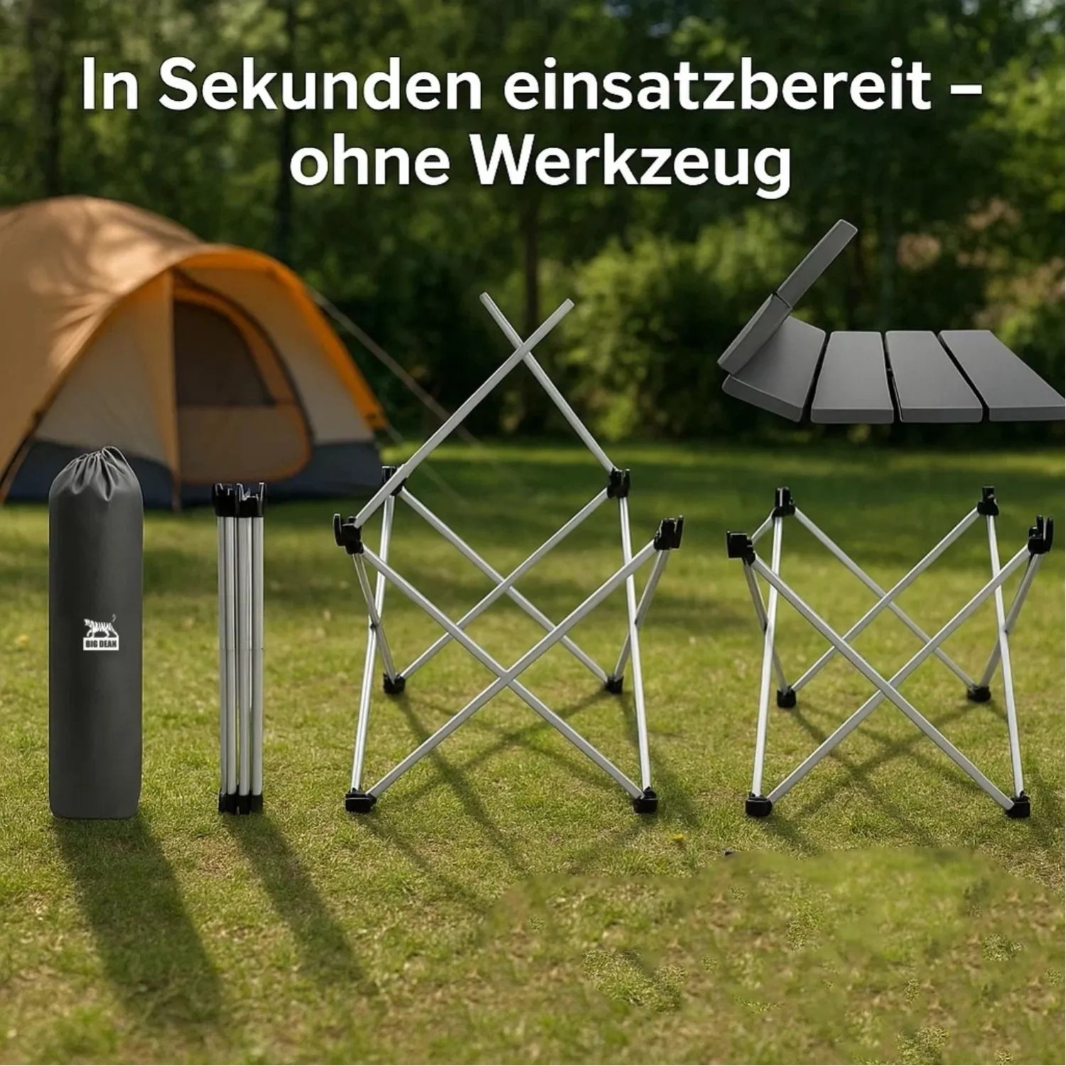 BigDean Campingtisch faltbar: Tragetasche, Klapptischbeine und Tischplatte im Aufbau. Ultraleicht für Outdoor & Camping.