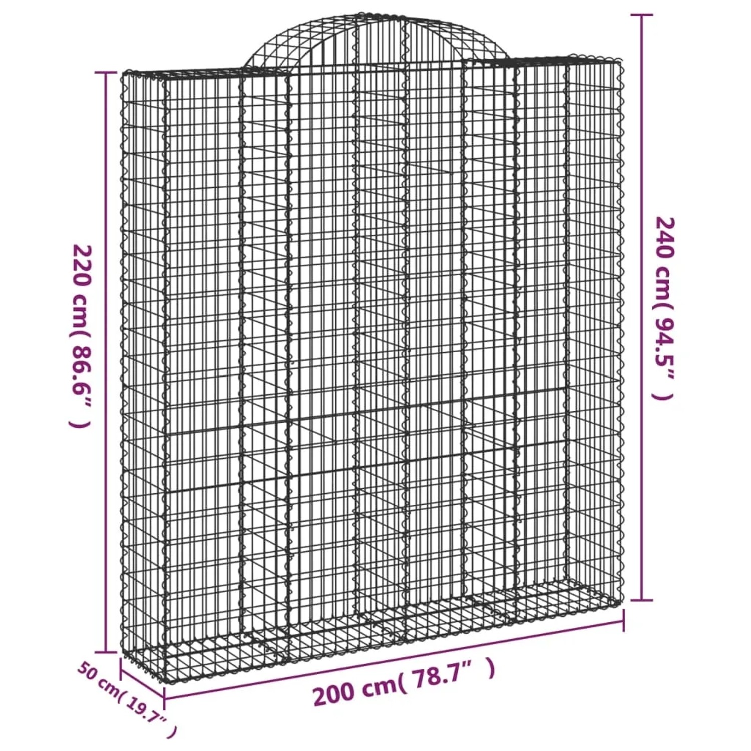 4er Set vidaXL Gabionen mit Hochbogen, 200x50x220/240cm, aus verzinktem Eisen.