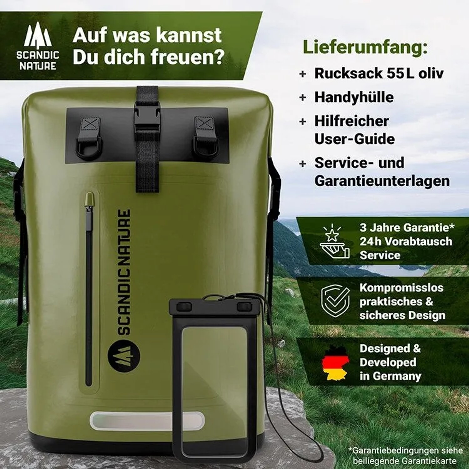 Olivgrüner SCANDIC NATURE 55L Roll Top Rucksack mit Handyhülle im Outdoor-Einsatz. Wasserdichter Wanderrucksack für Trekking & Reisen.