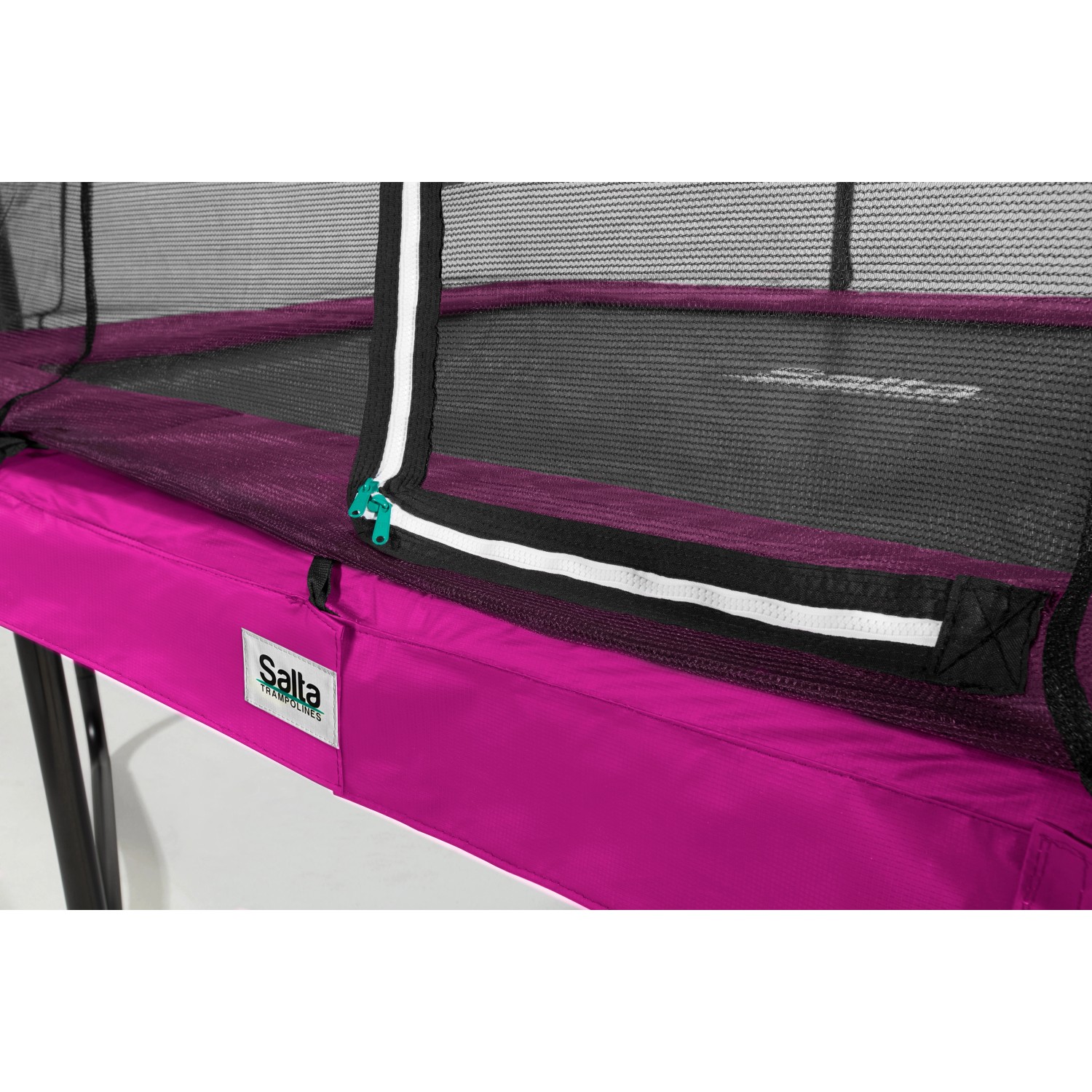 Detailaufnahme: Pinkes Salta Comfort Edition Trampolin (214x153 cm) mit Sicherheitsnetz und Schutzrand.