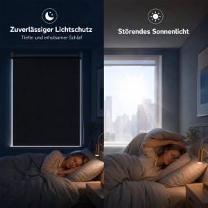 Schwarzes Verdunkelungsrollo am Fenster, bietet zuverlässigen Lichtschutz für tiefen Schlaf. Kontrast zu störendem Sonnenlicht.