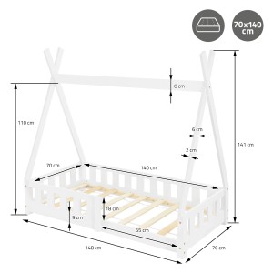Weißes ML-Design Kinderbett Tipi 70x140 cm mit Matratze, Rausfallschutz und Lattenrost.