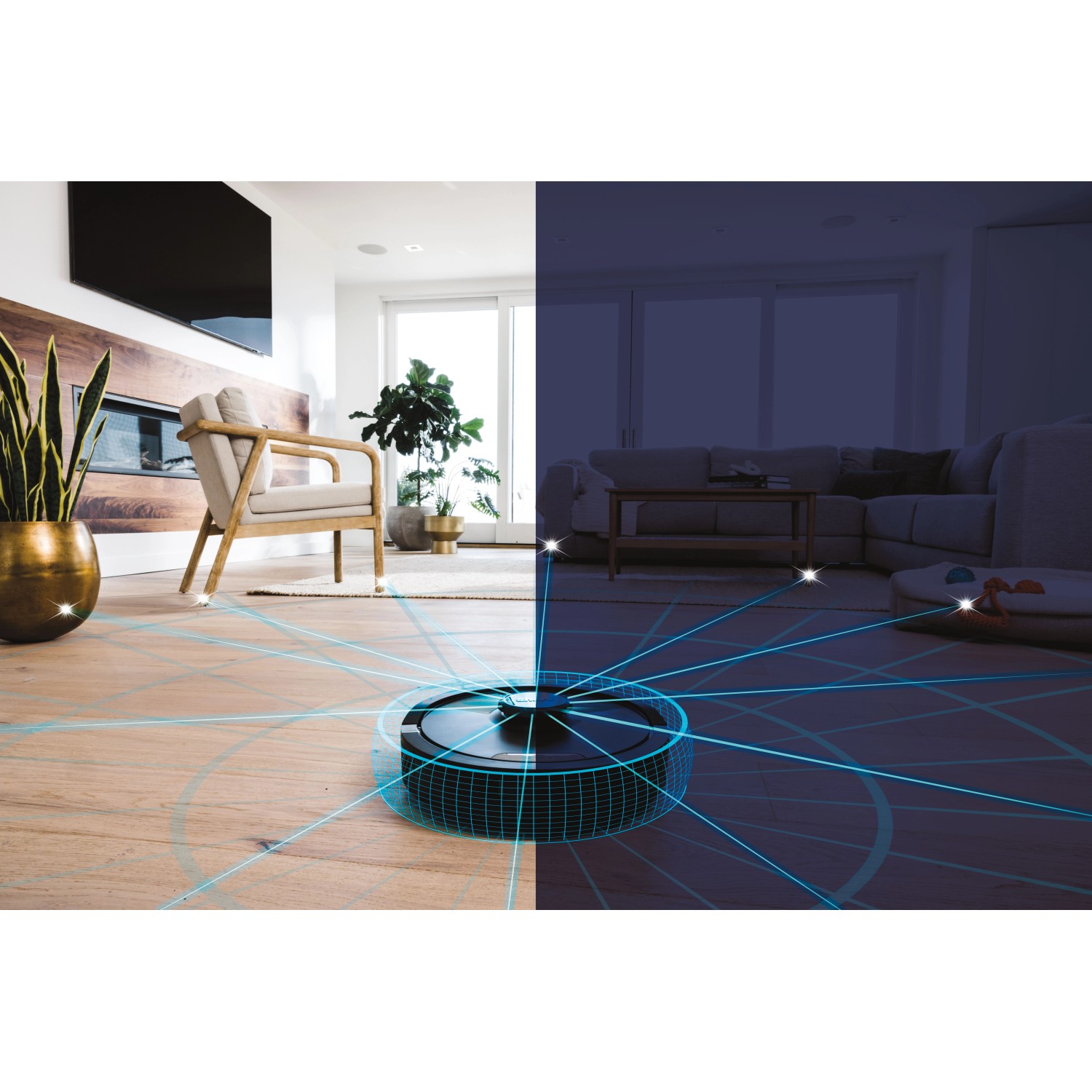 Shark Saug- und Wischroboter Matrix Plus RV2620WDEU bei Tag und Nacht im Einsatz.