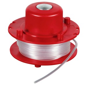 Einhell Fadenspule GE-CT 18/25 Li für Rasentrimmer, rote Spule mit transparentem Nylonfaden.