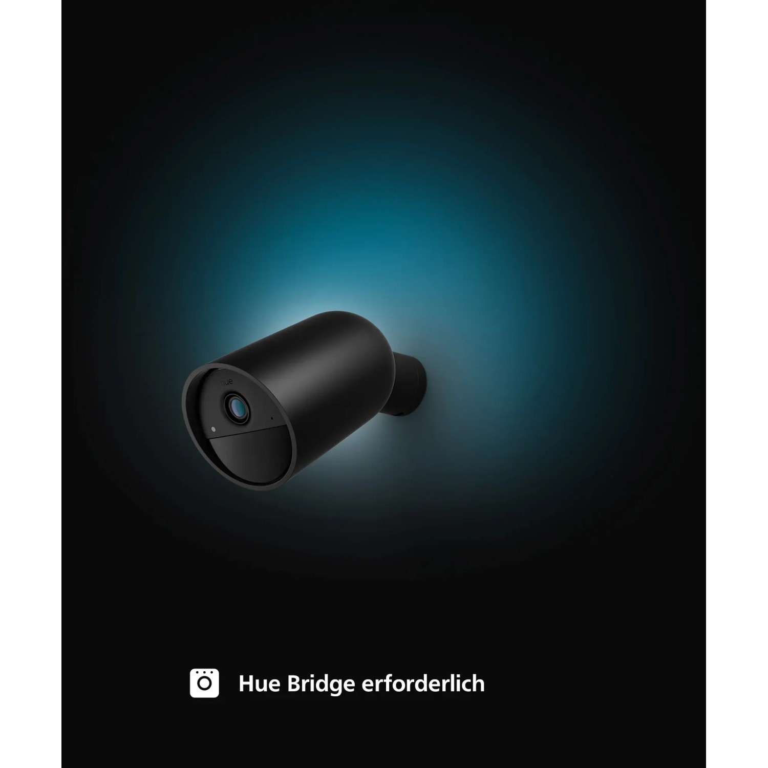 Schwarze, kabellose Philips Hue Secure Kamera zur Videoüberwachung für Innen und Außen.