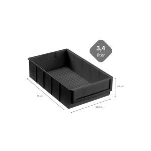 Schwarze PROREGAL Industriebox, 3,4 Liter, mit Maßangaben, für Aufbewahrungssysteme.