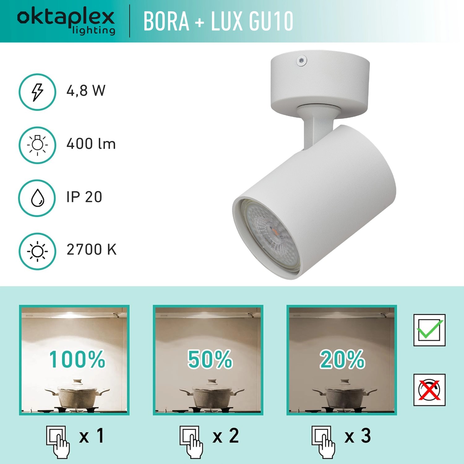 Weißer, schwenkbarer 1-flammiger LED Deckenstrahler mit 3-Stufen Dimmfunktion für warmweißes Licht.