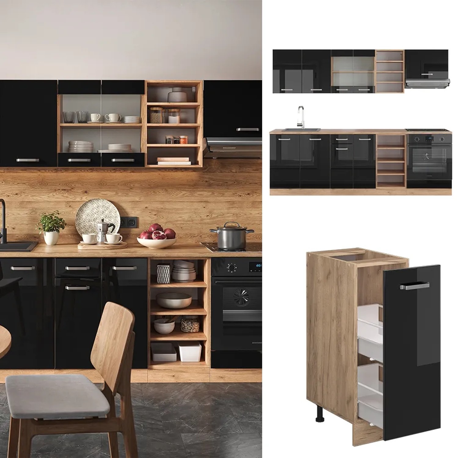 Moderne Vicco Küchenzeile in Schwarz Hochglanz und Goldkraft Eiche mit anthrazitfarbener Arbeitsplatte.