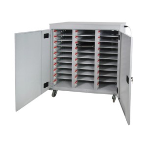 Lichtgrauer PROREGAL Notebookwagen mit 30 Fächern, geöffnet, auf Rollen. Aktenschrank für Büro/Homeoffice.