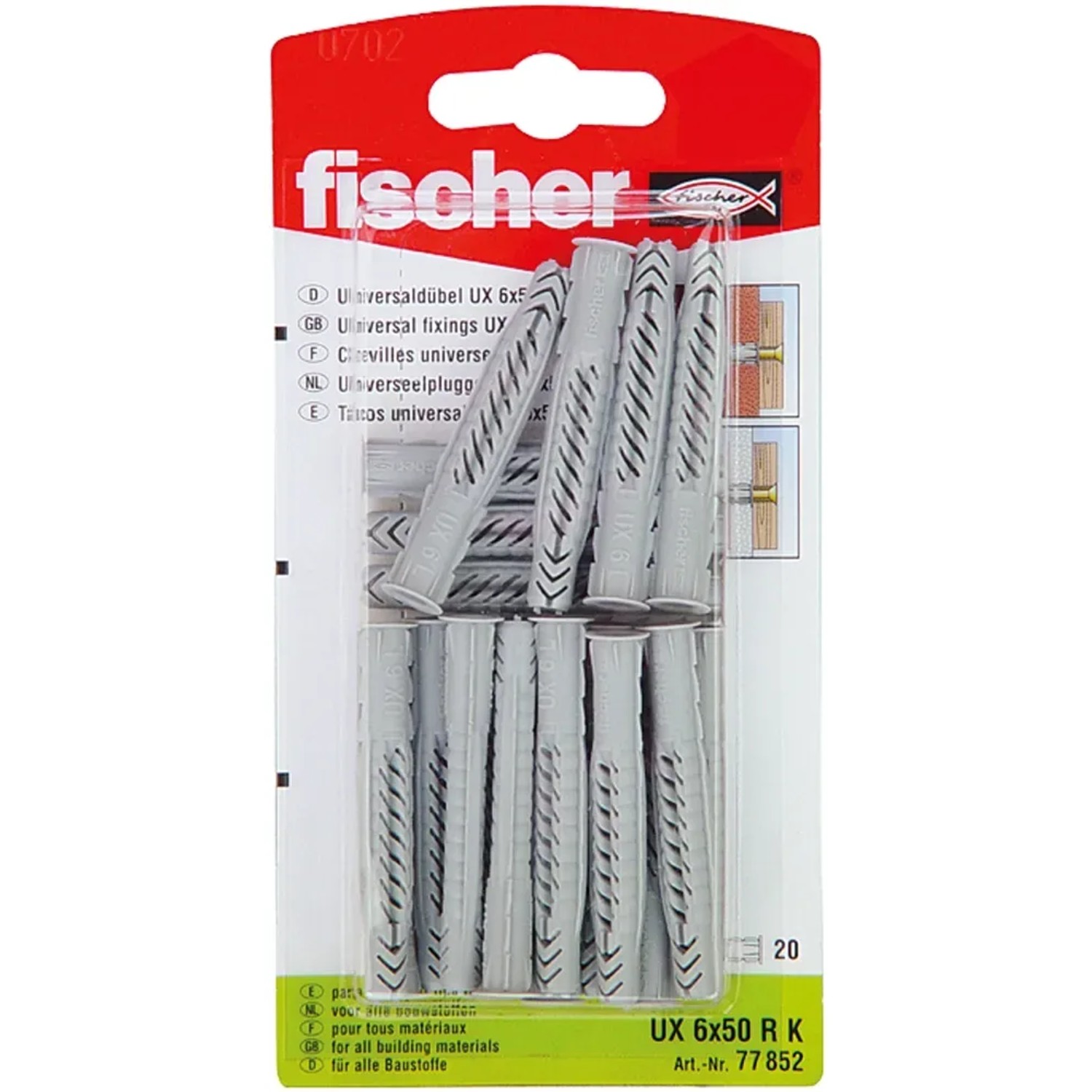 Fischer Universaldübel UX 6 x 50 RK, 20 Stück, für alle Baustoffe geeignet.