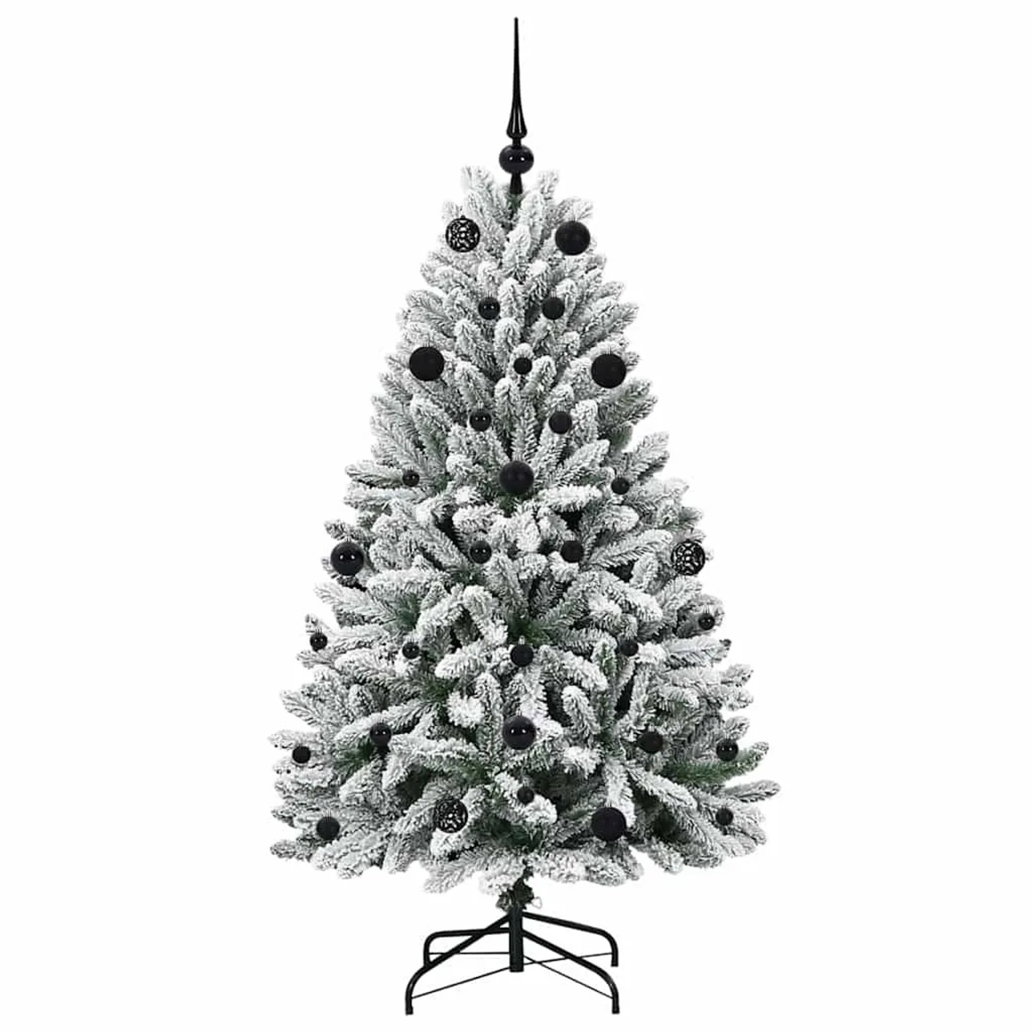 Künstlicher, grün-weißer Weihnachtsbaum (150 cm) mit schwarzen Kugeln und LED-Lichtern.
