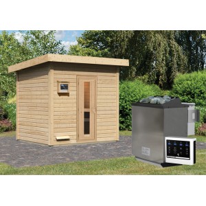 Karibu Saunahaus Arvi 3 Set mit Ofen und externer Steuerung, naturbelassenes Holz.