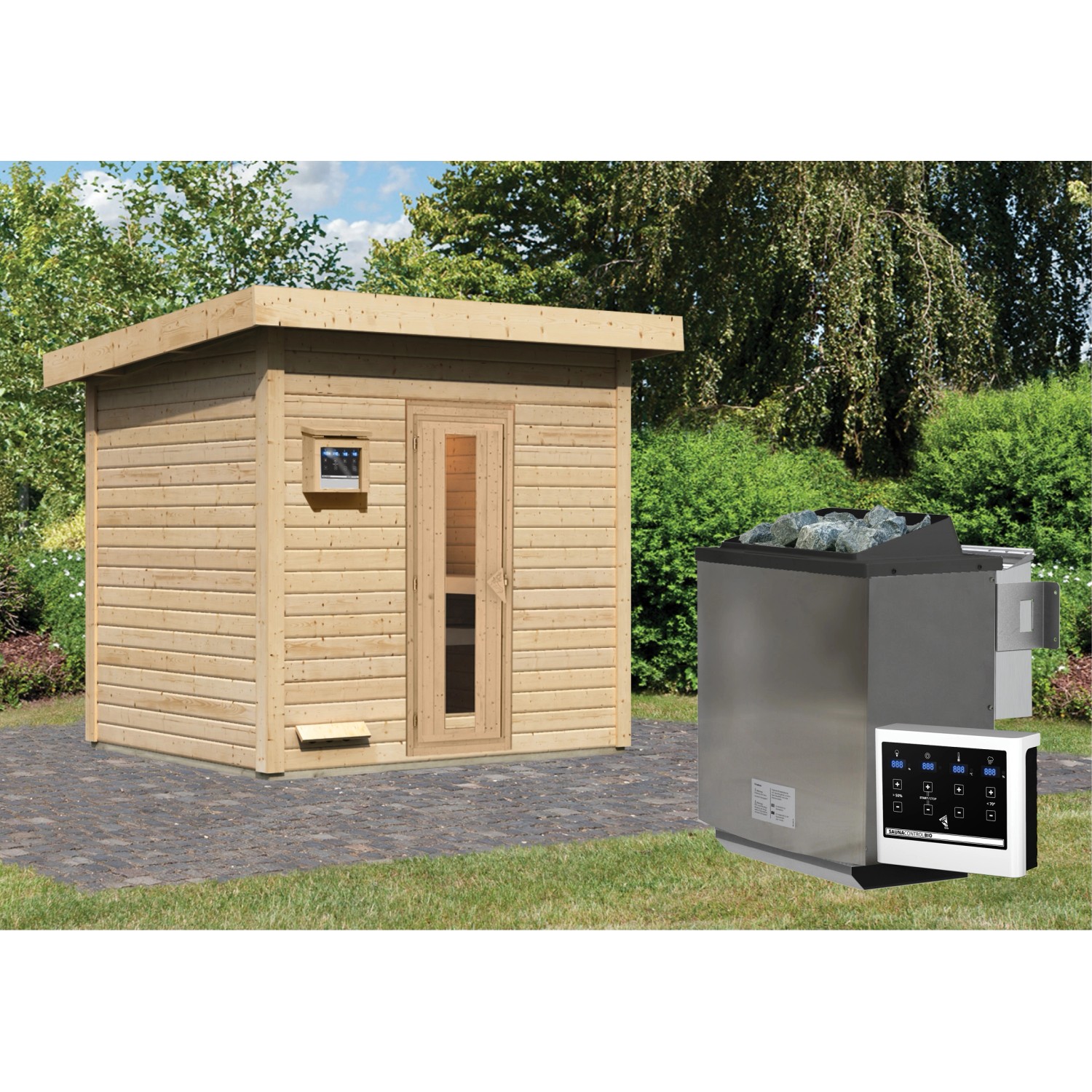 Karibu Saunahaus Arvi 3 Set mit Ofen und externer Steuerung, naturbelassenes Holz.