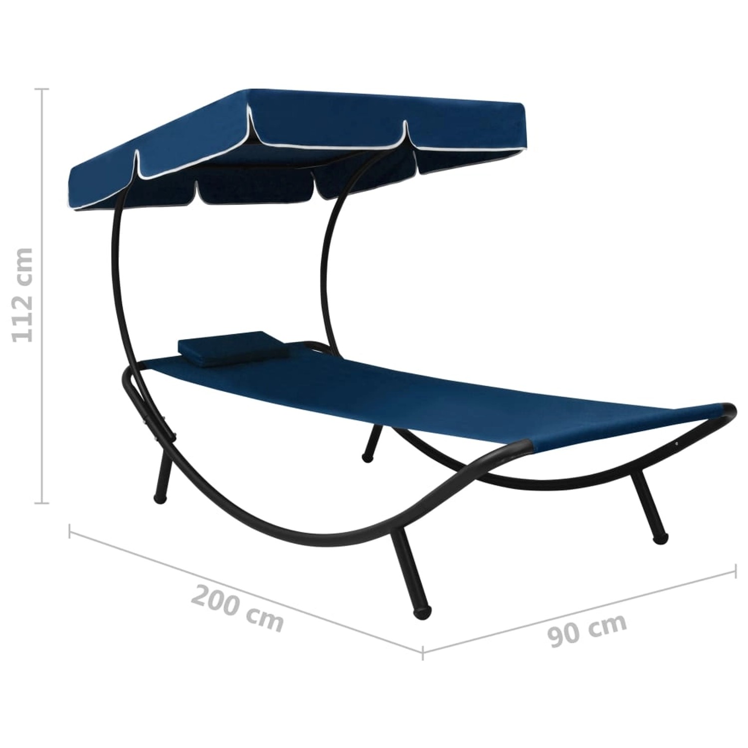 Blaue Gartenliege mit Sonnendach und Kissen für Garten, Terrasse oder Strand.