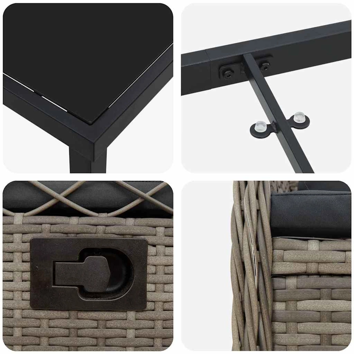 Detailansichten der grauen vidaXL Garten Essgruppe aus Polyrattan, bestehend aus Tisch und Stühlen.
