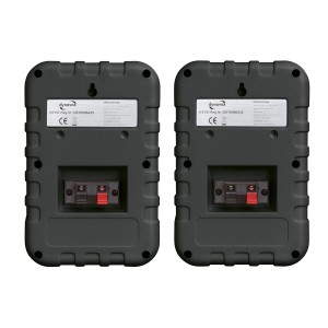 Dynavox Lautsprecher Paar, 3-Wege, schwarz, mit Halterung für Wand/Decke, Rückansicht.