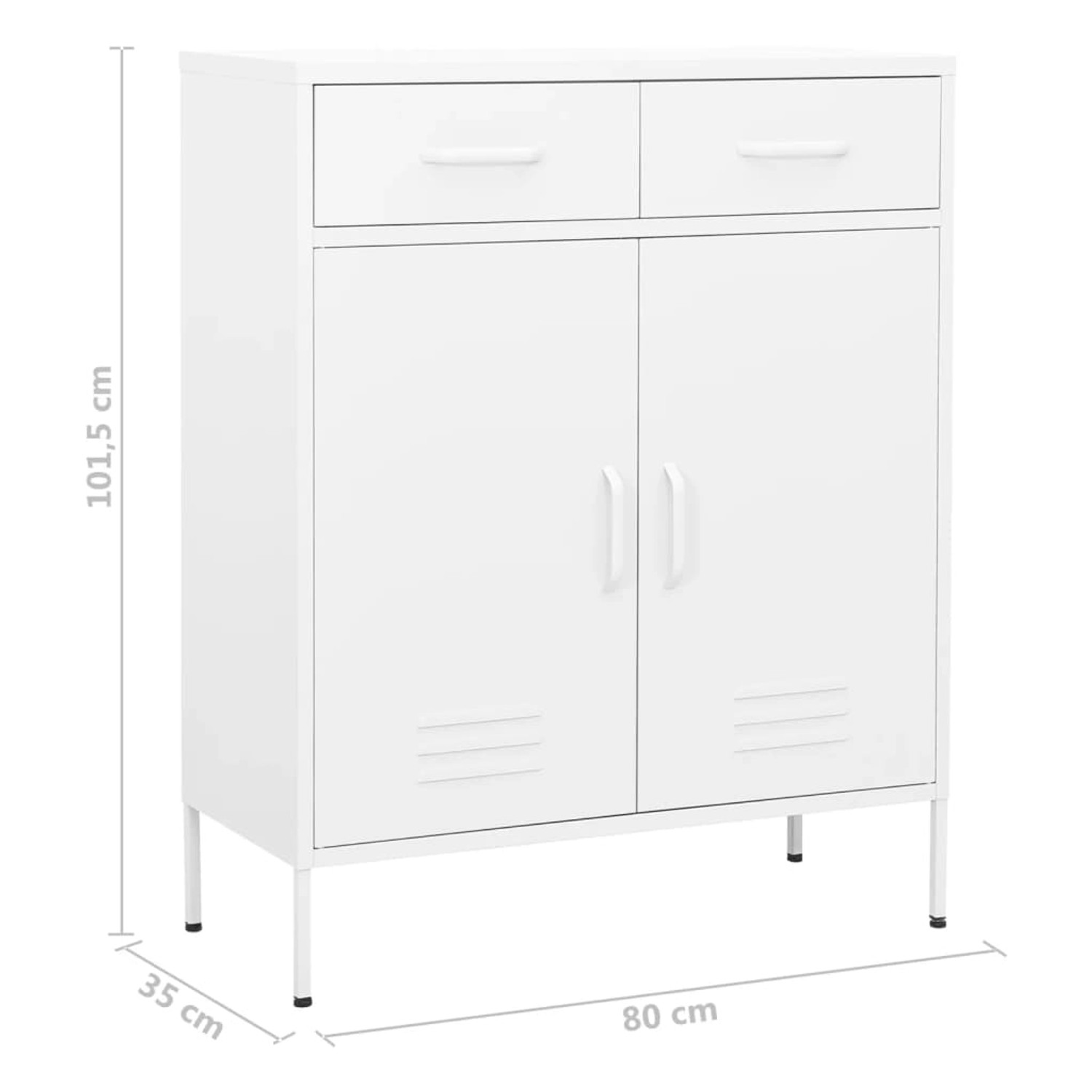 Weißer vidaXL Lagerschrank aus Stahl, 80x35x101,5 cm, mit 2 Schubladen und 2 Türen. Büroschrank Modell 1.