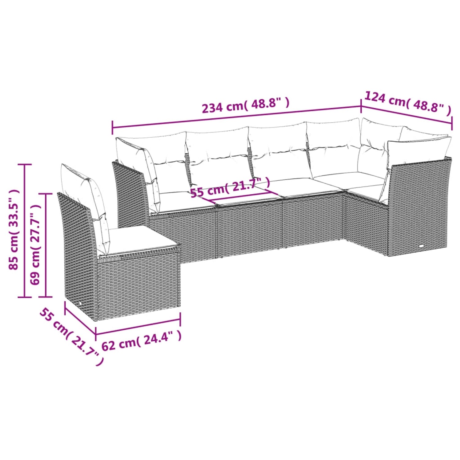 Schwarze 6-tlg. vidaXL Garten-Sofagarnitur aus Poly Rattan mit Kissen, Maße sind eingezeichnet.