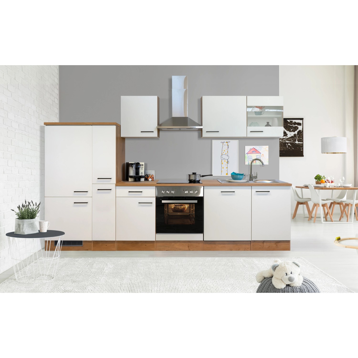 Flex-Well Küchenzeile Vintea 310 cm, Magnolia/Lancelot Oak, mit E-Geräten und Spüle.