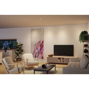 Paulmann LED Einbaustrahler Nova GU10 Flat, gebürstetes Eisen, als warme Deckenbeleuchtung im modernen Wohnzimmer.
