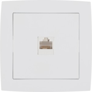 Weiße OBI ISDN Telefondose RJ45 Tauri mit Rahmen für die Wandmontage.