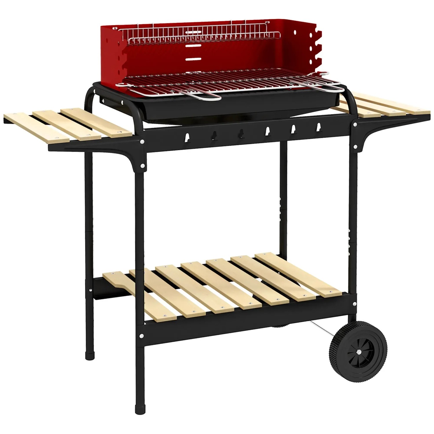 Outsunny Holzkohlegrill Höhenverstellbar Grillrost Metall Kiefernholz Rot