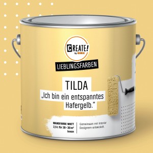 CREATE! by OBI Wandfarbe Tilda Hafergelb, matte Innenfarbe im Farbeimer.